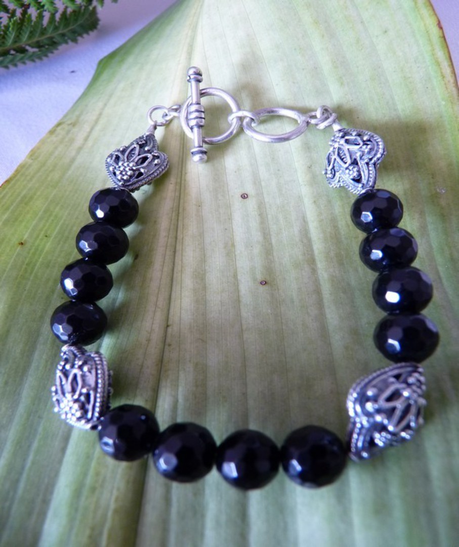 Facet cut black onyx beads and silver bracelet image 1